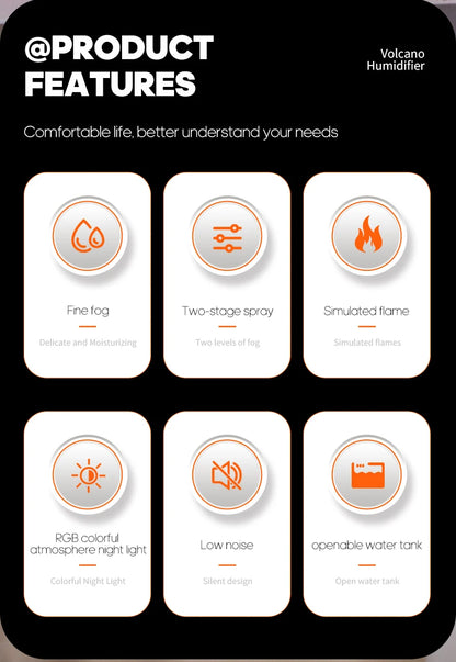 Volcano Air Humidifier 300ml Desktop USB Water Mist Diffuser Purifier Air Freshener Nebulizer with Colorful Ambient Night Light