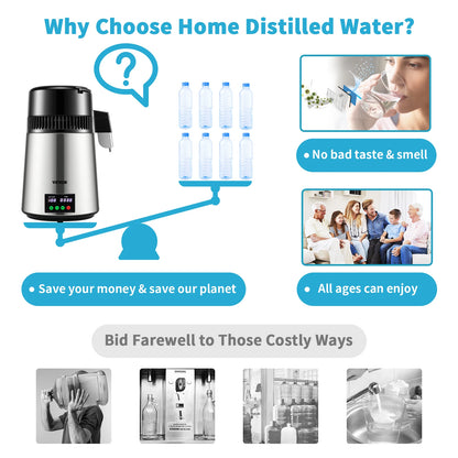SucceBuy 4L Water Distiller Purifier Filter 1 L/H Distilling Speed Dispenser Drinking Bottle Softener Touch Screen Home Use