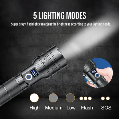 Super Bright 60W LED Flashlight with Power Bank Function, Rechargeable Telescopic Zoom Torch, 5 Modes, IP64,for Hunting/Camping
