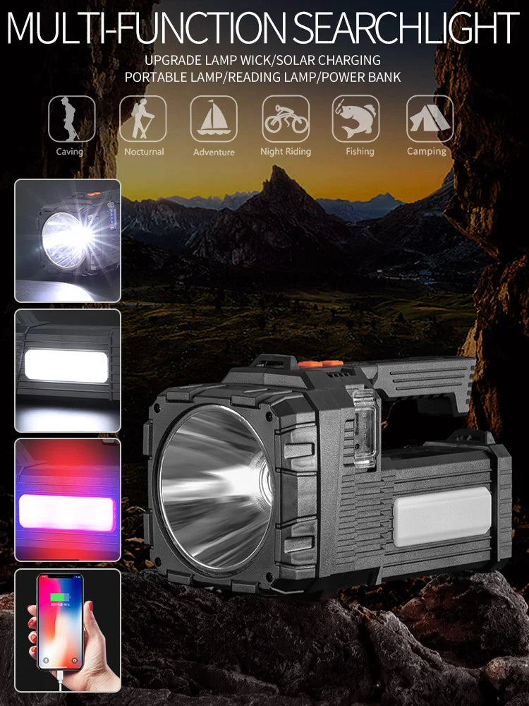 High Power Hand Lamp Solar Energy USB Rechargeable LED Flashlight Outdoor Camping Floodlight Emergency Power Torch Warning Light