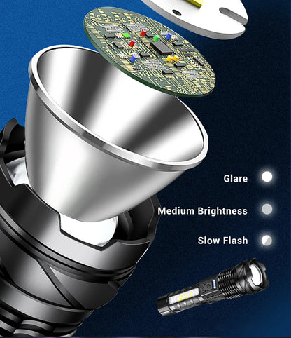Powerful XHP50 LED Flashlight Waterproof 18650 Torch With Side Light 7 Modes Camping Fishing Lantern USB Rechargeable Zoom Lamp