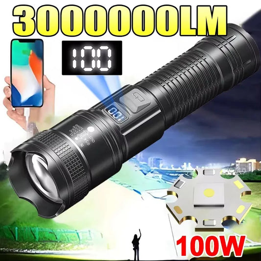 High Strong Power Led Flashlights 300000LM Tactical Torch with Display Light USB Charging Camping Fishing Defense Zoom Lantern