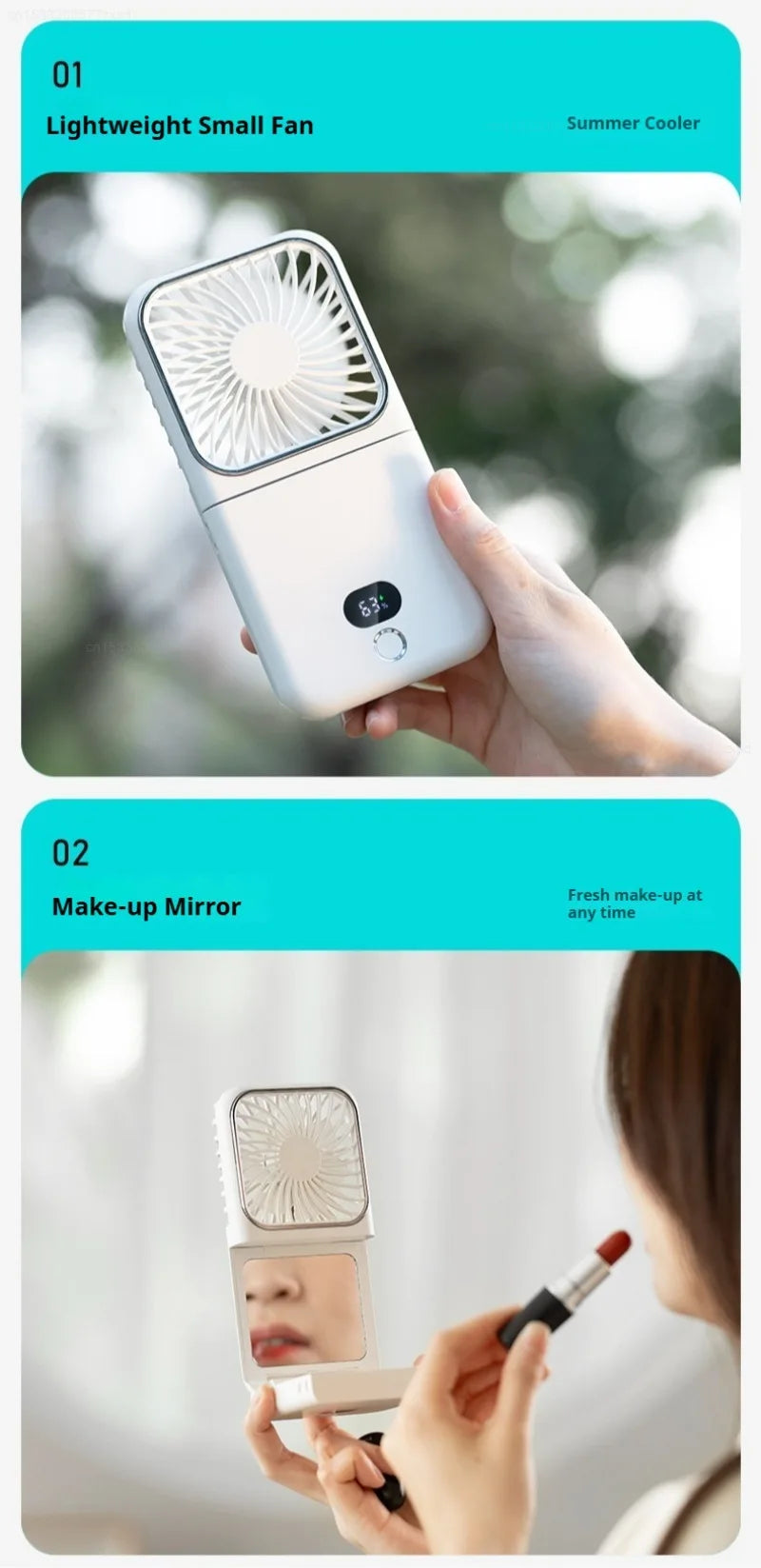 Portable Folding Electric Fan 3-in-1 Mini Handheld Cooling Fan Handheld with Power Bank Makeup Mirror Student Small Fan Outdoor