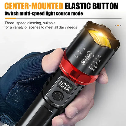 Heinast 1000LM Powerful LED Flashlight Display TYPE-C Rechargeable Light Telescopic Zoom Torch Outdoor Camping Fishing Lantern