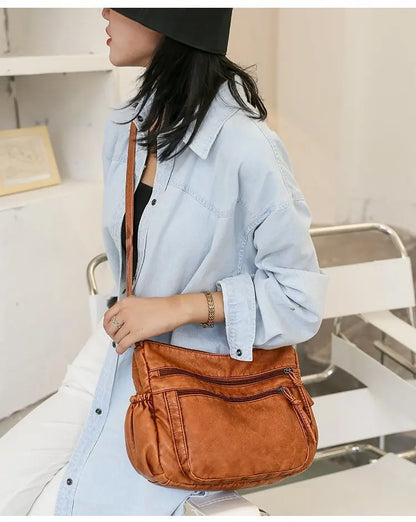 Washed leather women's bag 2024 European and American retro shoulder bag versatile large-capacity crossbody bag PU soft leather