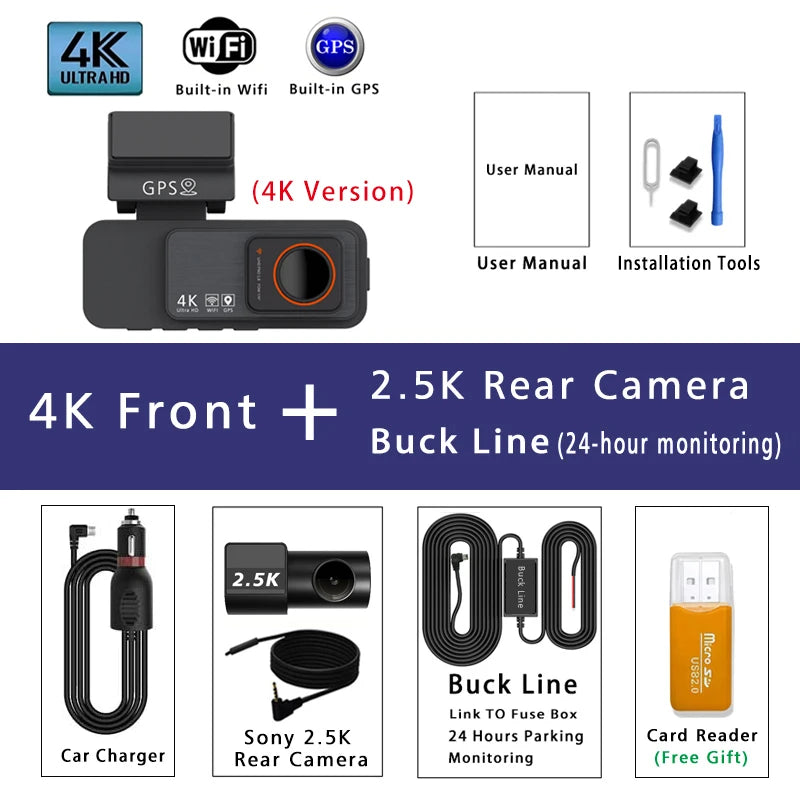 4K Dash Cam WIFI GPS Car DVR 2.5K Rear Camera Video Drive Recorder Dashcam Register Mini Black Box 24H Monitoring Night Vision