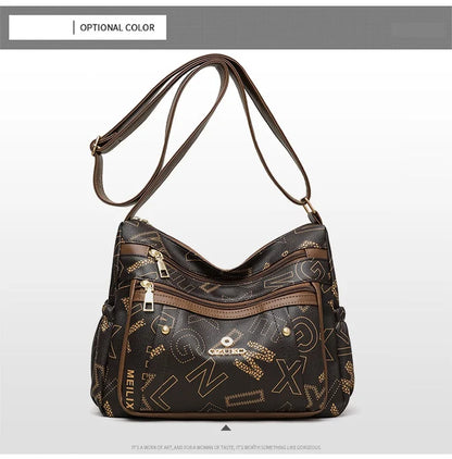 Ladies Middle-Aged Bag Large Capacity printed Work Clothing Soft Leather Multi-Pocket Cross-Body Bag Retro Shoulder Bag