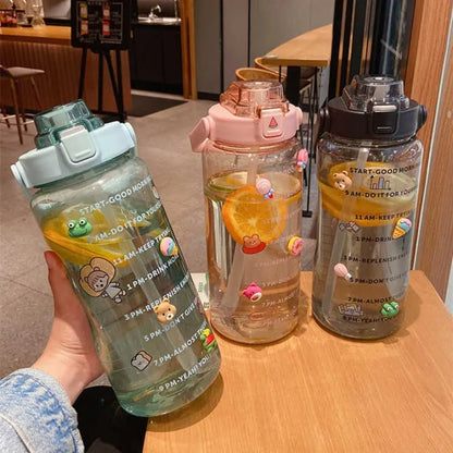 2L Sports Water Bottle with Straw Portable Large Capacity Water bottles Fitness Bike Cup Summer Cold Water Jug with Time Marker