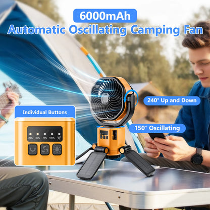 Eary Outdoor Camping Solar Fan 6000mAh Battery Powered Tent Camp Fan With Light 4 Speed Wind Adjustable Summer Air Cooling Fan