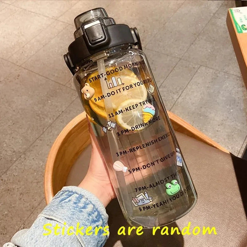 2L Sports Water Bottle with Straw Portable Large Capacity Water bottles Fitness Bike Cup Summer Cold Water Jug with Time Marker