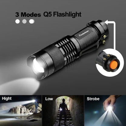 Portable Mini Q5 LED Flashlight Tactical Lamp LED Flashlight Adjustable Focus Zoomable Light for  Hiking Camping Power Outage