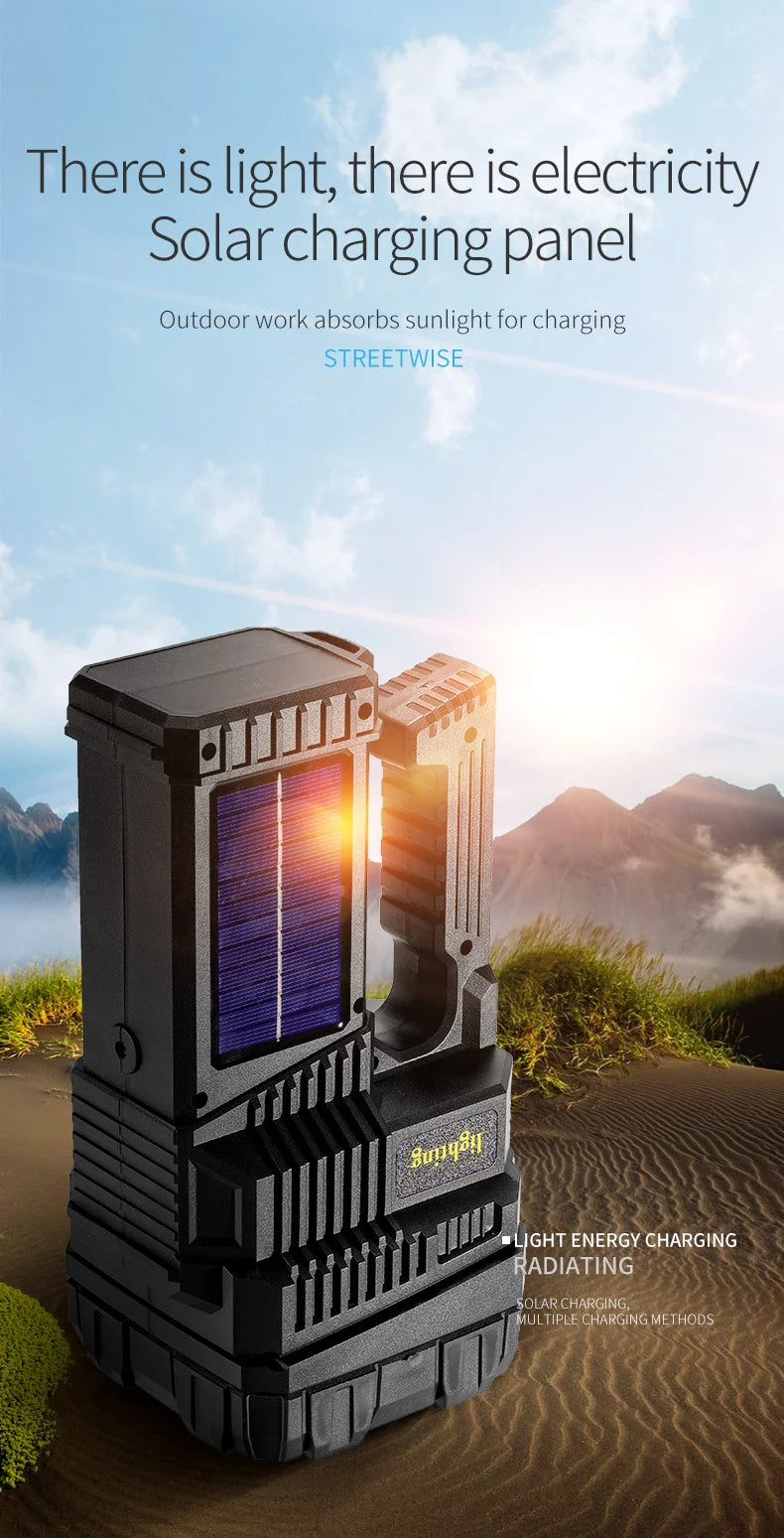 High Power Hand Lamp Solar Energy USB Rechargeable LED Flashlight Outdoor Camping Floodlight Emergency Power Torch Warning Light