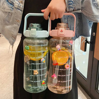 2L Sports Water Bottle with Straw Portable Large Capacity Water bottles Fitness Bike Cup Summer Cold Water Jug with Time Marker