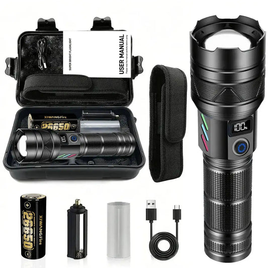 Super Bright 60W LED Flashlight with Power Bank Function, Rechargeable Telescopic Zoom Torch, 5 Modes, IP64,for Hunting/Camping