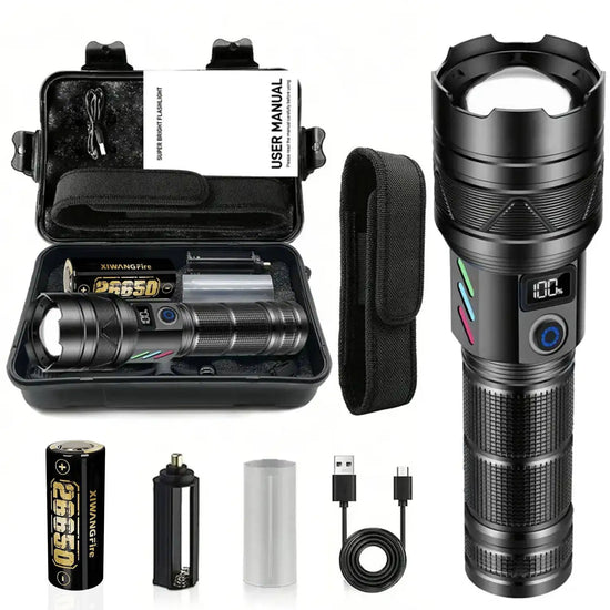 Super Bright 60W LED Flashlight with Power Bank Function, Rechargeable Telescopic Zoom Torch, 5 Modes, IP64,for Hunting/Camping