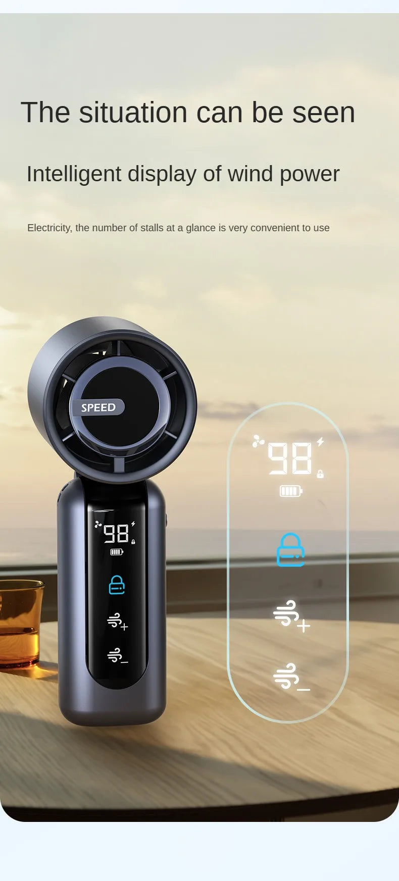 Handheld Fan Charging Portable Mini Fan Long Battery Life USB Digital Display 100-speed Handheld High-Speed Turbofan