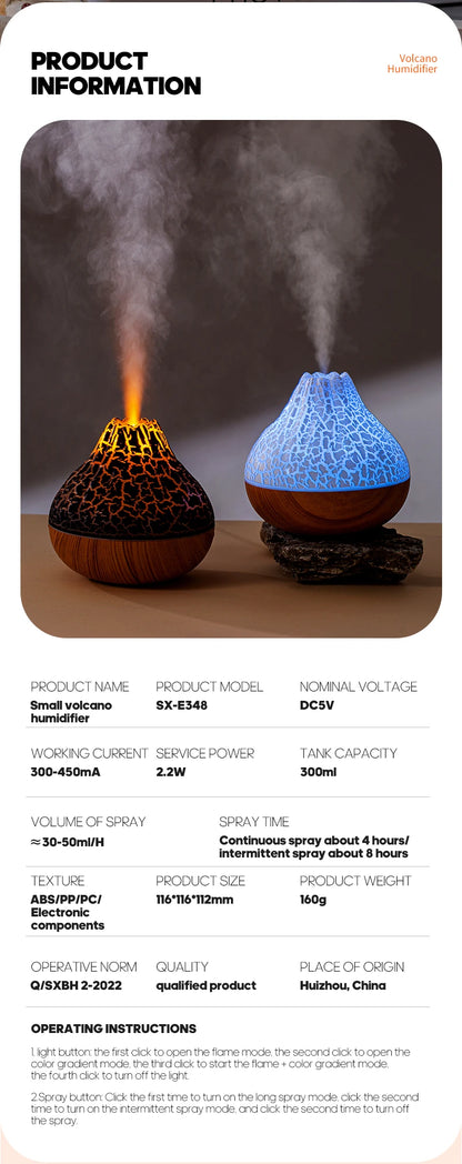 Volcano Air Humidifier 300ml Desktop USB Water Mist Diffuser Purifier Air Freshener Nebulizer with Colorful Ambient Night Light
