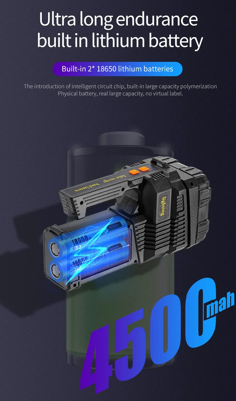 High Power Hand Lamp Solar Energy USB Rechargeable LED Flashlight Outdoor Camping Floodlight Emergency Power Torch Warning Light