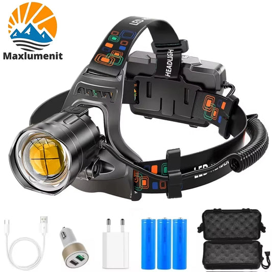 Powerful XHP100 Led Headlamp Zoomable USB Rechargeable High Power Headlight Waterproof Output 18650 Super Bright Head Torch