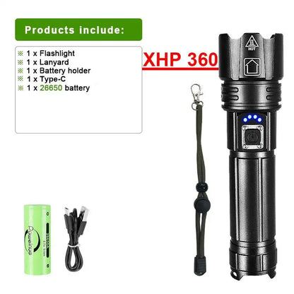 Most Powerful High Power Led flashlight 1000000LM XHP360 Rechargeable Led Flashlight Zoom Outdoor Tactical Lantern Hunting Torch