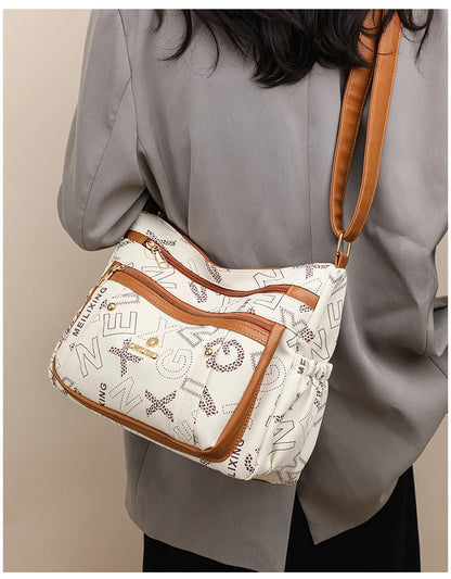 Ladies Middle-Aged Bag Large Capacity printed Work Clothing Soft Leather Multi-Pocket Cross-Body Bag Retro Shoulder Bag