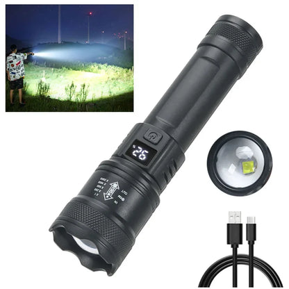 High Strong Power LED Flashlights 2000LM Tactical Torch with Display Light USB Charging.