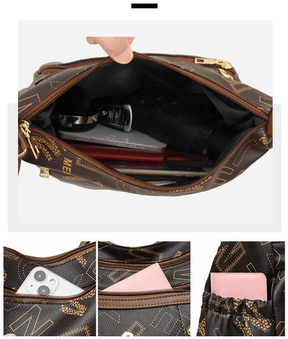 Ladies Middle-Aged Bag Large Capacity printed Work Clothing Soft Leather Multi-Pocket Cross-Body Bag Retro Shoulder Bag