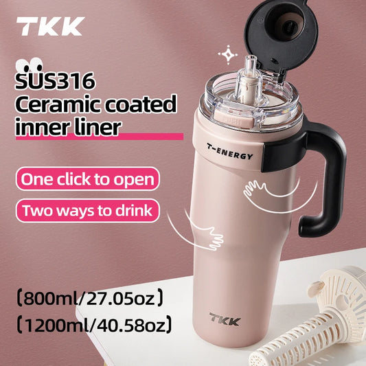 TKK 800ml/1200ml SUS316 Ceramic Coating Vacuum Cup, with Straw and Tea Strainer Vacuum Insulated Large Capacity Water Bottle