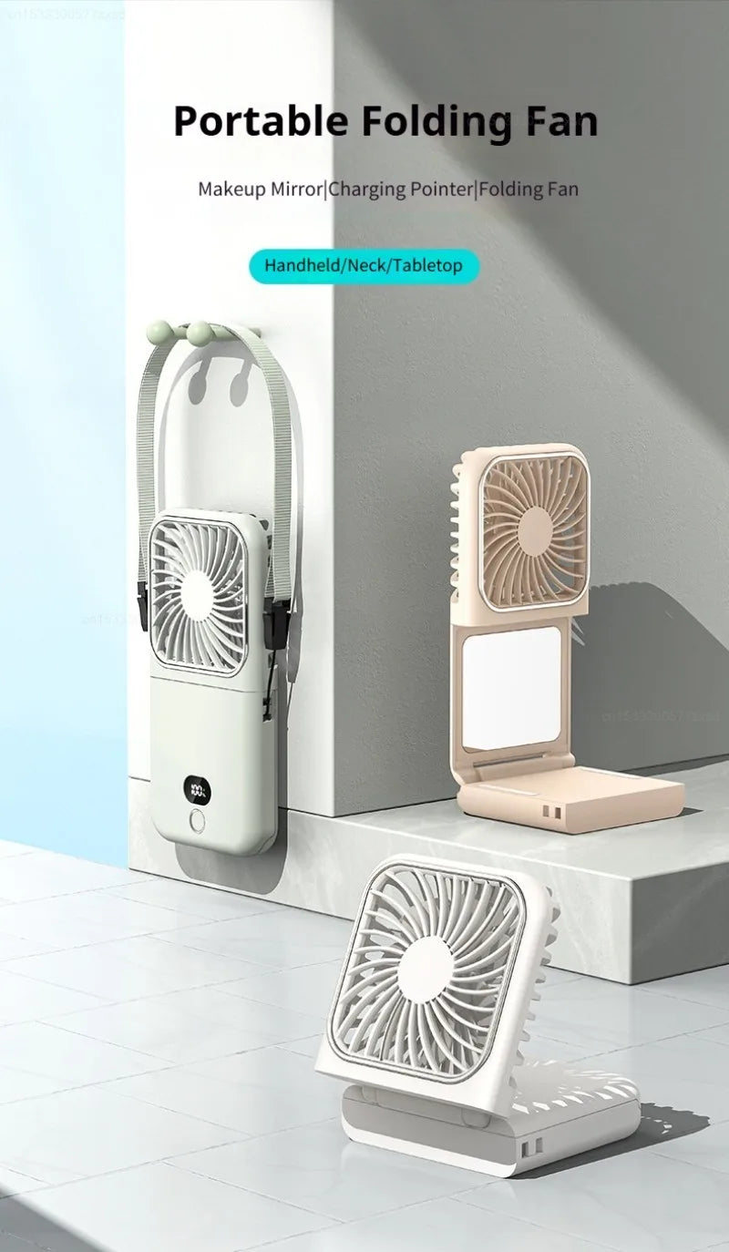 Portable Folding Electric Fan 3-in-1 Mini Handheld Cooling Fan Handheld with Power Bank Makeup Mirror Student Small Fan Outdoor