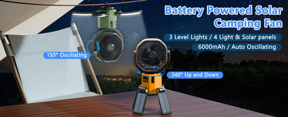 Eary Outdoor Camping Solar Fan 6000mAh Battery Powered Tent Camp Fan With Light 4 Speed Wind Adjustable Summer Air Cooling Fan