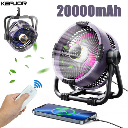 20000mAh Camping Fan Rechargeable Portable Outdoor Camping Ceiling Fan Wireless Tent Fan with Hook and Light Air Circulators