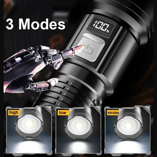 High Strong Power Led Flashlights 300000LM Tactical Torch with Display Light USB Charging Camping Fishing Defense Zoom Lantern