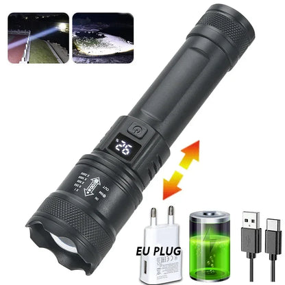 High Strong Power Led Flashlights 300000LM Tactical Torch with Display Light USB Charging Camping Fishing Defense Zoom Lantern