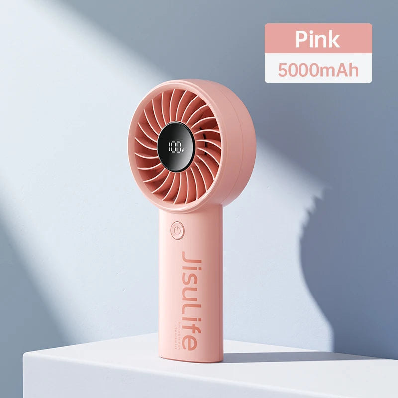 JISULIFE Handheld Fan,5 Levels of Strong Wind,Safety Lock,5000mAh Battery,LED Display,USB Rechargeable,Summer Personal Fan