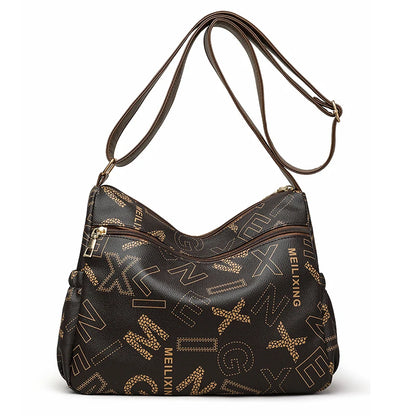 Ladies Middle-Aged Bag Large Capacity printed Work Clothing Soft Leather Multi-Pocket Cross-Body Bag Retro Shoulder Bag