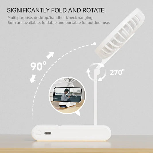Handheld Mini Fan 1800mAh Foldable Portable Desk Outdoor Neck Hanging 5 Speed USB Rechargeable Fan Phone Stand Display Screen