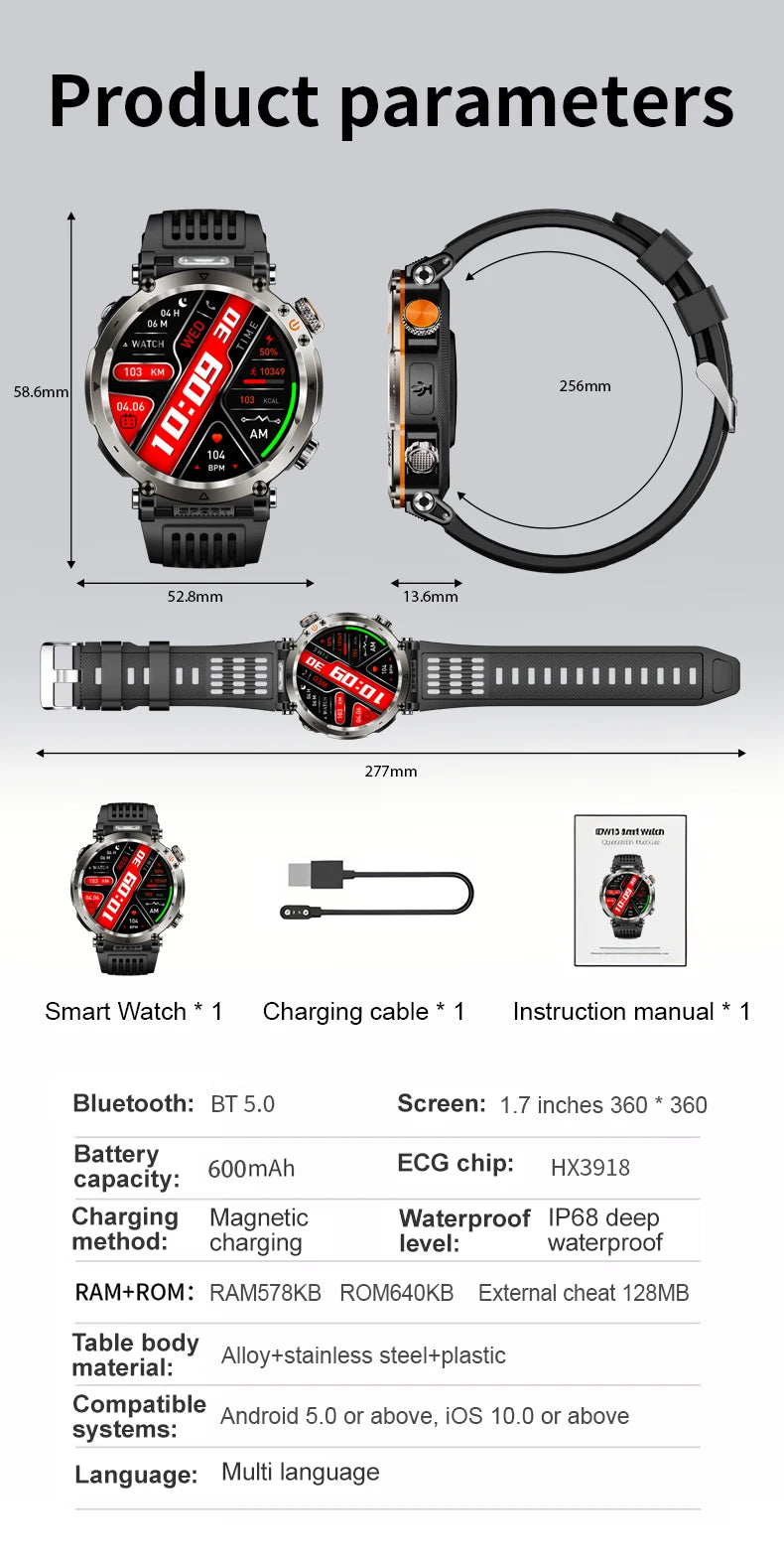 Smart Watch HT30 Bluetooth Call Men Outdoor Sports Fitness Compass Heart Rate Health Monitoring 600mAh Large Battery Smartwatch