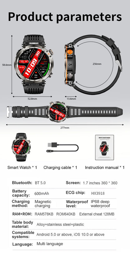 Smart Watch HT30 Bluetooth Call Men Outdoor Sports Fitness Compass Heart Rate Health Monitoring 600mAh Large Battery Smartwatch