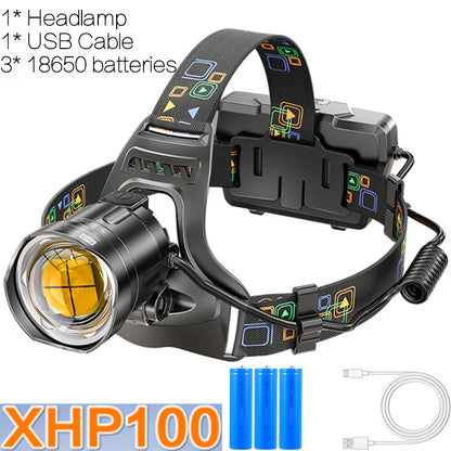 Powerful XHP100 Led Headlamp Zoomable USB Rechargeable High Power Headlight Waterproof Output 18650 Super Bright Head Torch