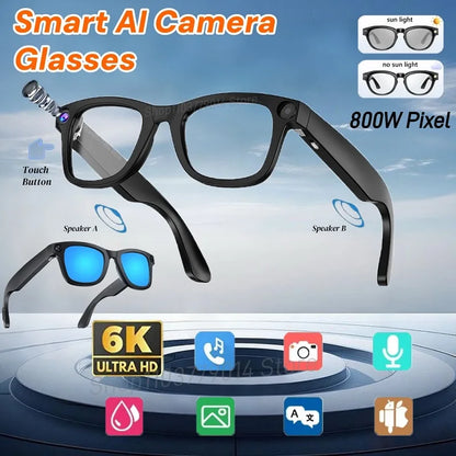 AI Smart Camera Glasses 6K HD 800W pixel Shooting Camera Photo Video Voice Call Translation Waterproof Bluetooth AI Glasses