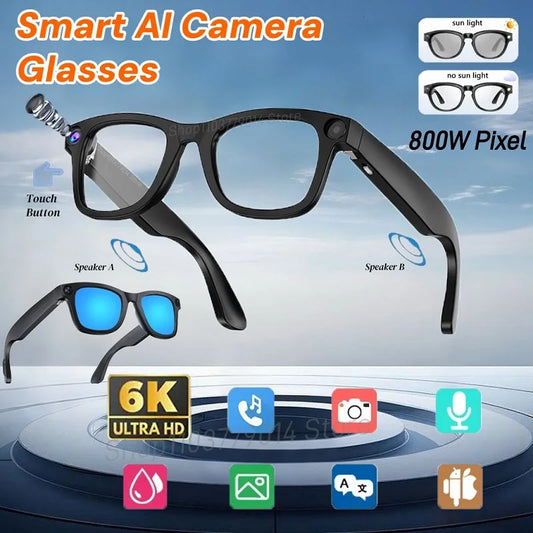AI Smart Camera Glasses 6K HD 800W pixel Shooting Camera Photo Video Voice Call Translation Waterproof Bluetooth AI Glasses