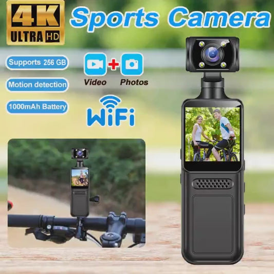 128GB 4K Ultra HD Action Mini Camera 180 Rotatable Vlog Wifi Sports Cam Waterproof Case Helmet Travel Bicycle Driver Recorder