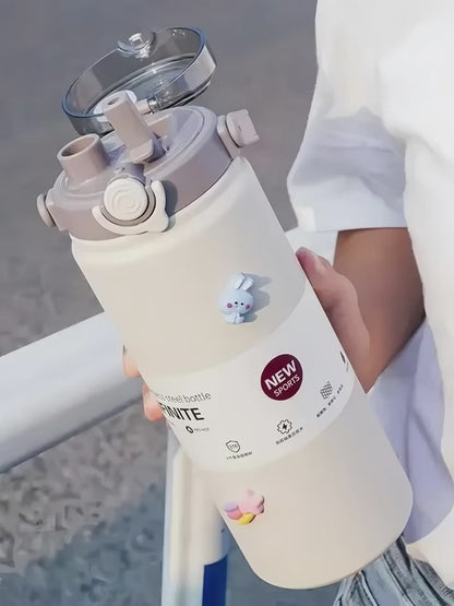 1.2L Large Capacity  Bottle with Straw Stainless Steel Double Drinking Straw Thermal Water Bottle Keep Cold and Hot Thermos Cup